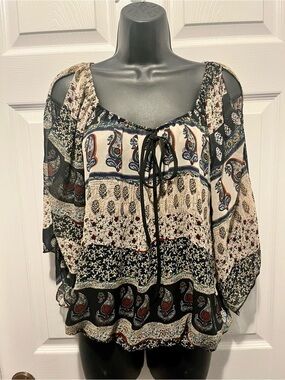 Y2K Vintage Limite Boho Blouse Top Paisley Open Sleeve Brown Cream Medium Women